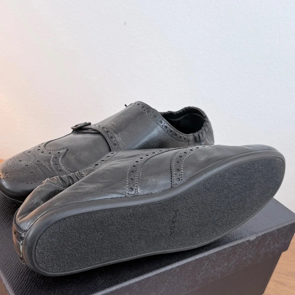 Prada 2EG469 Mens Leather Double Monk Strap Wingtip Shoes Grey Black UK 8